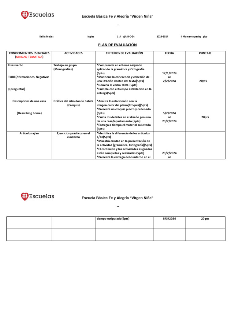 FORMATO PLAN DE EVALUACIÓN de 1ero | PDF
