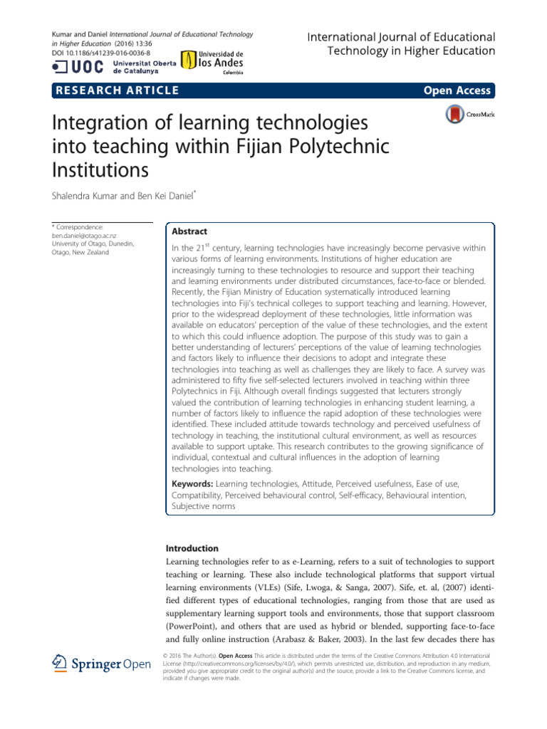 Integration of Learning Technologies Into Teaching Within Fijian ...