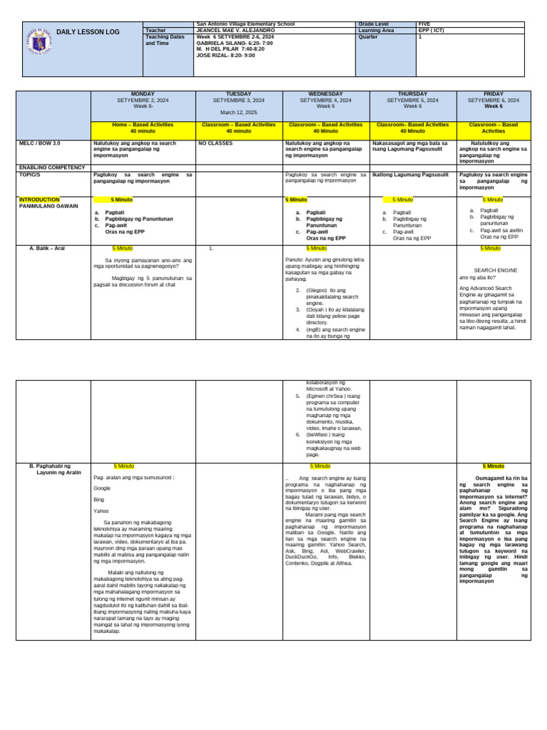 DLL Q 1 W 6 Epp Ict 5 2024 | PDF | Internet | Websites