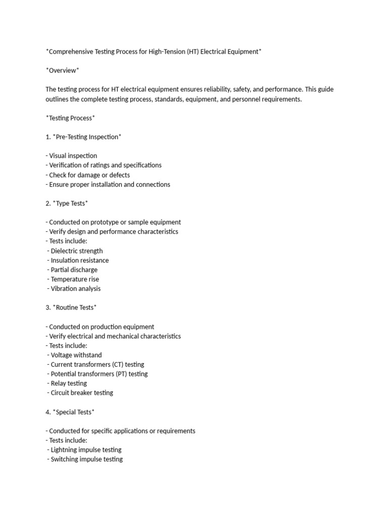 Comprehensive testing process for high tension ht electrical