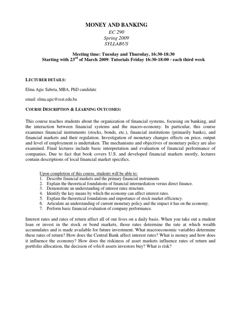 Spring 2009 Syllabus Money and Banking Central Banks Federal