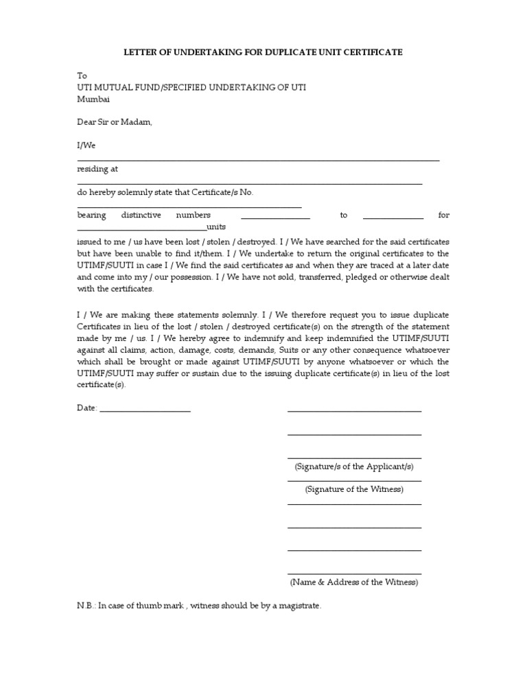 Duplicate Unit Certificate Undertaking Letter | PDF | Finance & Money ...