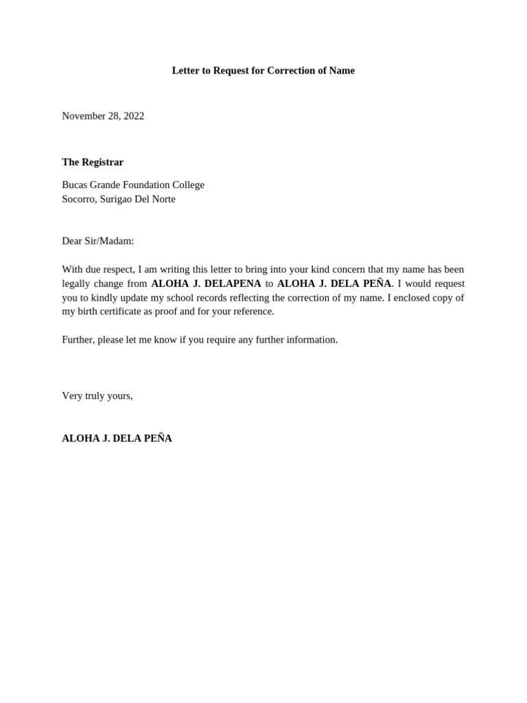 Letter of Correction of Name | PDF