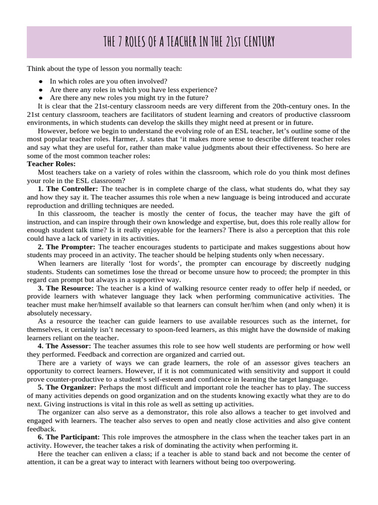 The 7 Roles of A Teacher in The 21ST Century | PDF