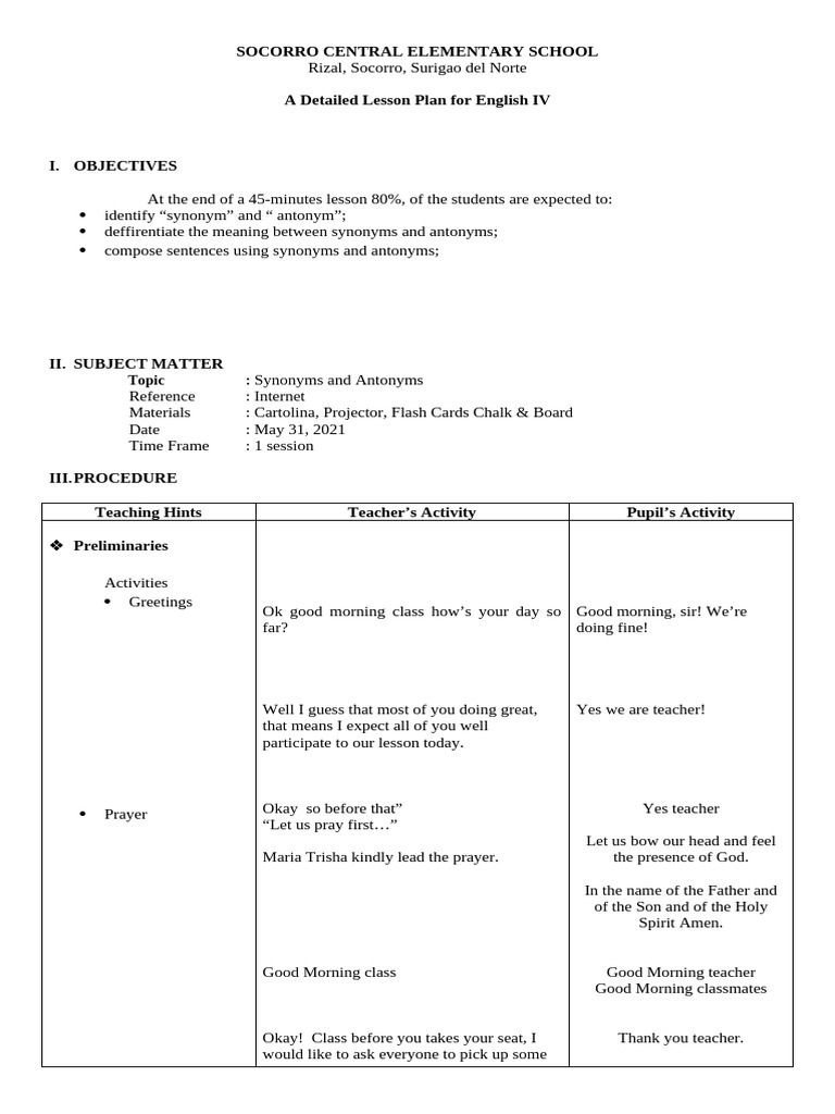 Jerom Detailed Lesson Plan For Grade 6 English | PDF