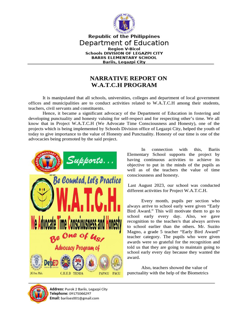 PROJECT WATCH NARRATIVE MAM Lyn | PDF | Teachers