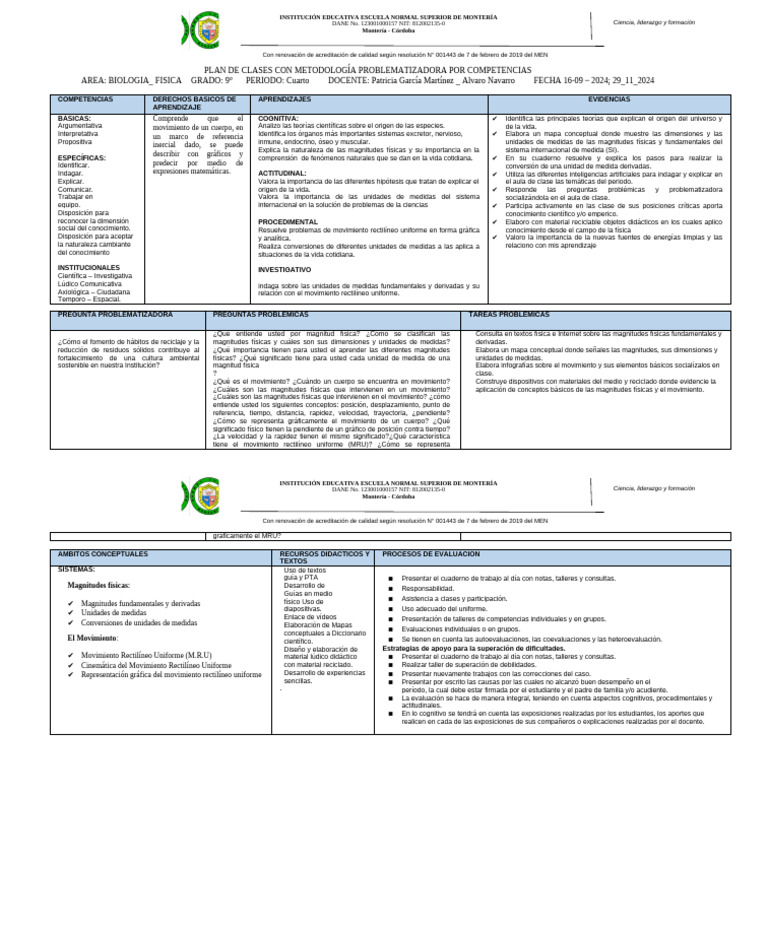 Plan de Clases 4 Periodo 9° - 2024 | PDF