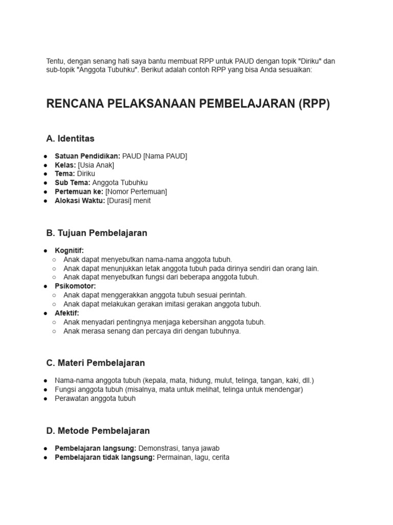 RPP Untuk PAUD Topik Diriku | PDF