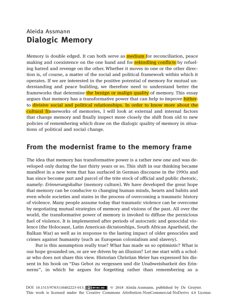Dialogic Memory: From The Modernist Frame To The Memory Frame | PDF