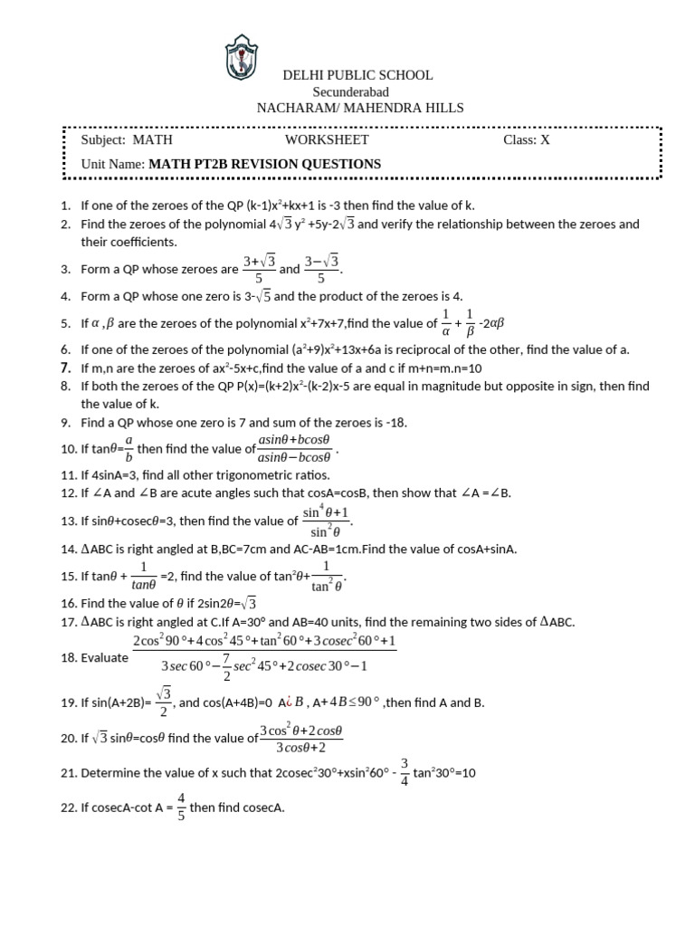 Class X Math Revision Worksheet | PDF | Euclidean Geometry | Elementary ...