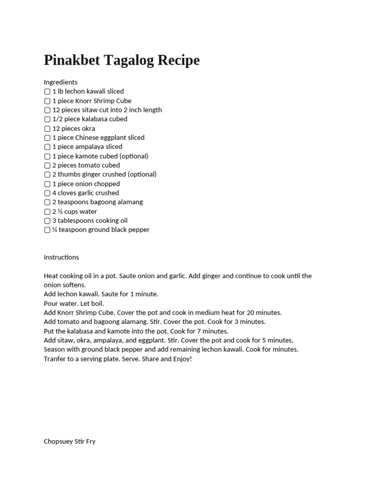 Pinakbet Tagalog Recipe | PDF