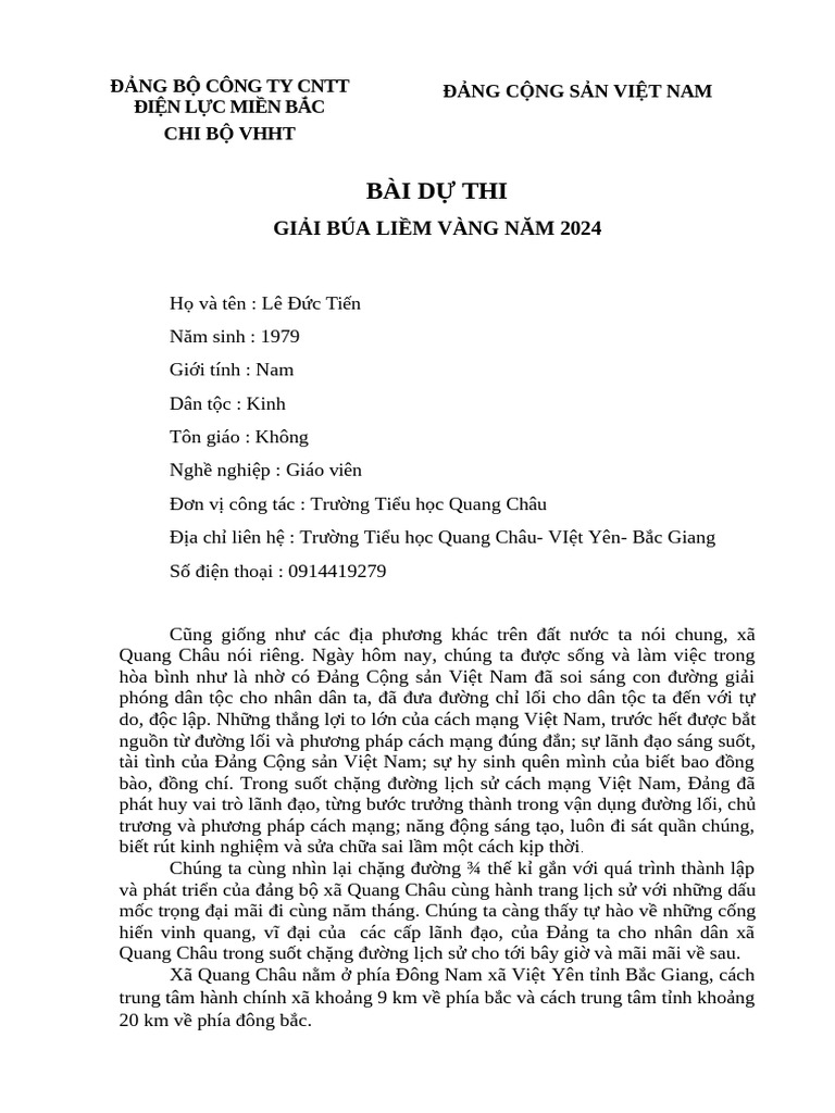 Bài Dự Thi Giải Búa Liềm Vàng - Chi Bộ VHHT | PDF