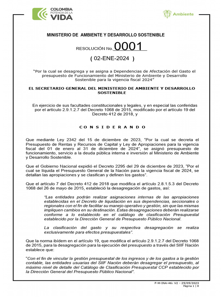 Resolución 0001 de 2024 Presupuesto de Funcionamiento | PDF