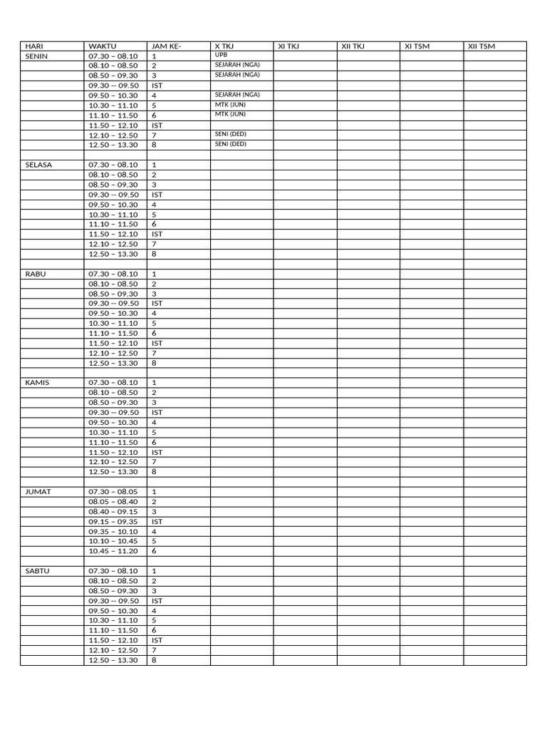 Contoh Roster Mapel Tingkat Sma | PDF