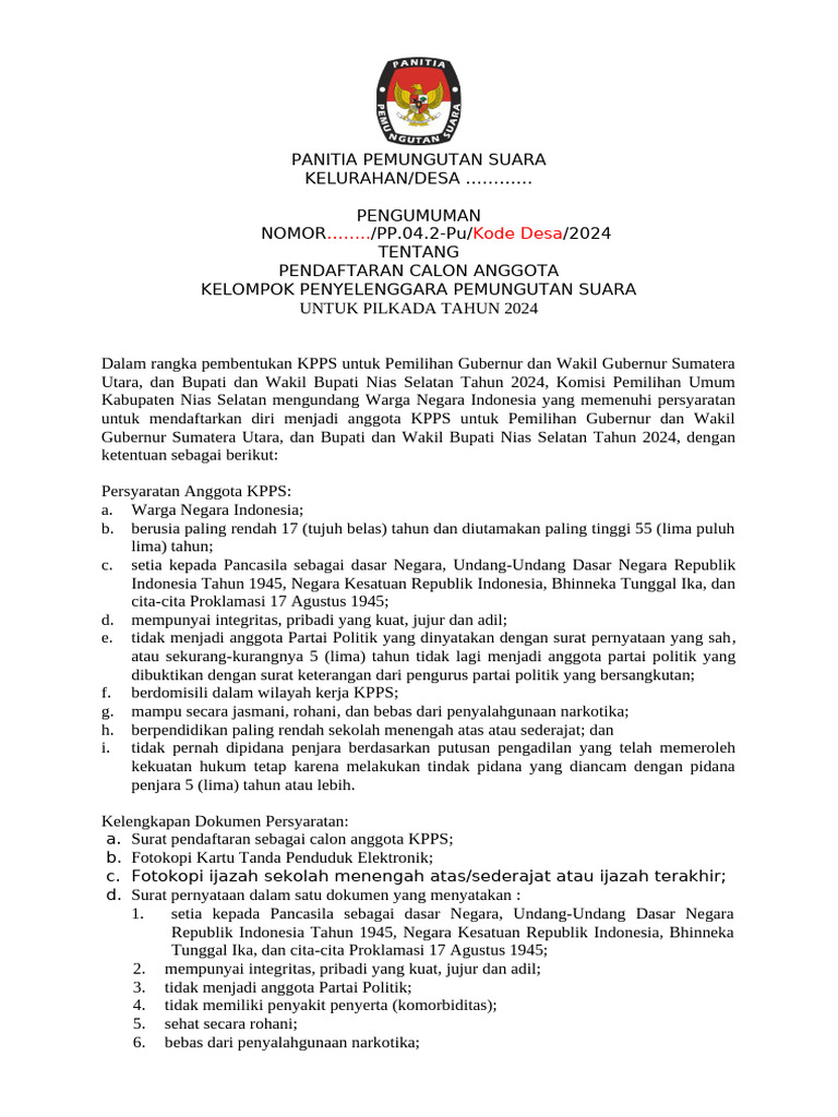 Draft Pembentukan KPPS | PDF