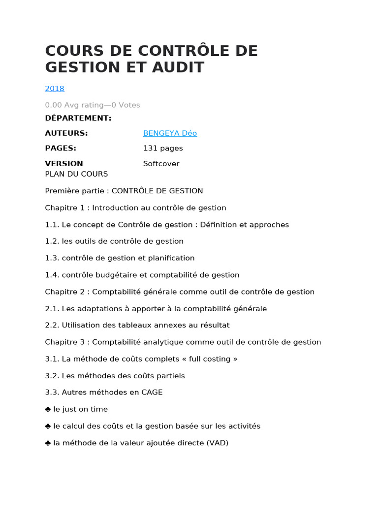 Cours de Contrôle de Gestion Et Audit | PDF