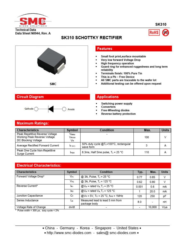 SK310 100V 3a SMC (Do-214ab) | PDF