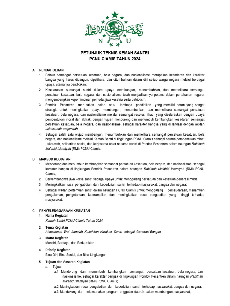 Petunjuk Teknis Kemah Santri Pcnu Ciamis 2024 | PDF