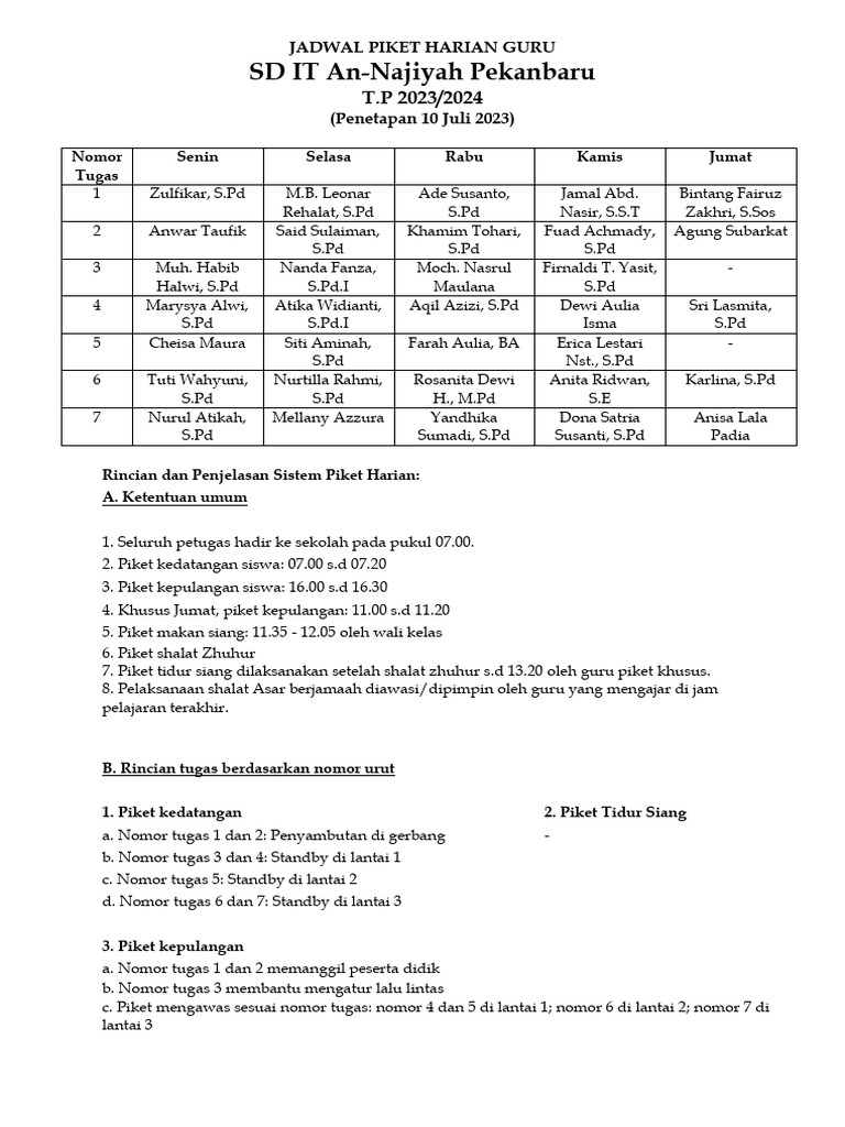 Jadwal Piket Harian Guru 2023 2024 Pdf