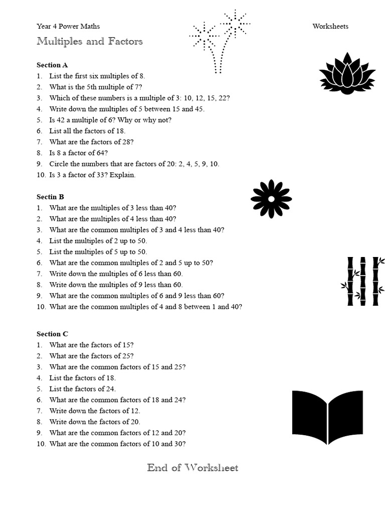 Maths worksheet Multiples and Factors PDF