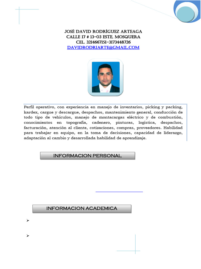 Hoja de Vida David Rodriguez | PDF