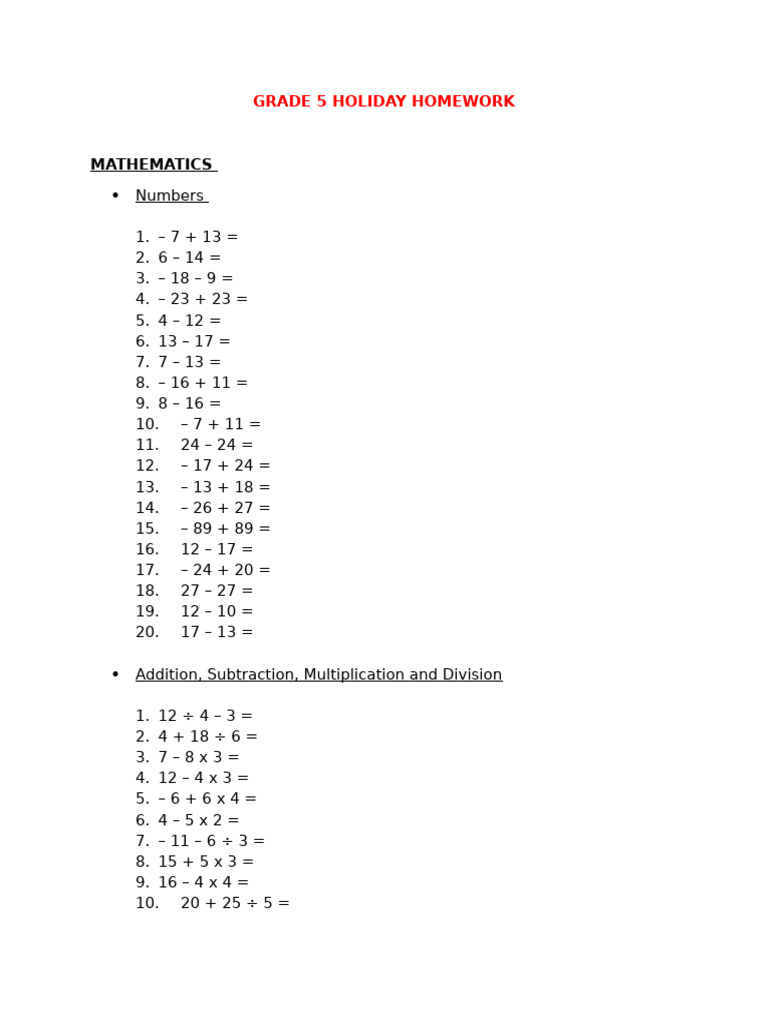 Grade 5 Holiday Math Homework | PDF | Mathematics | Arithmetic