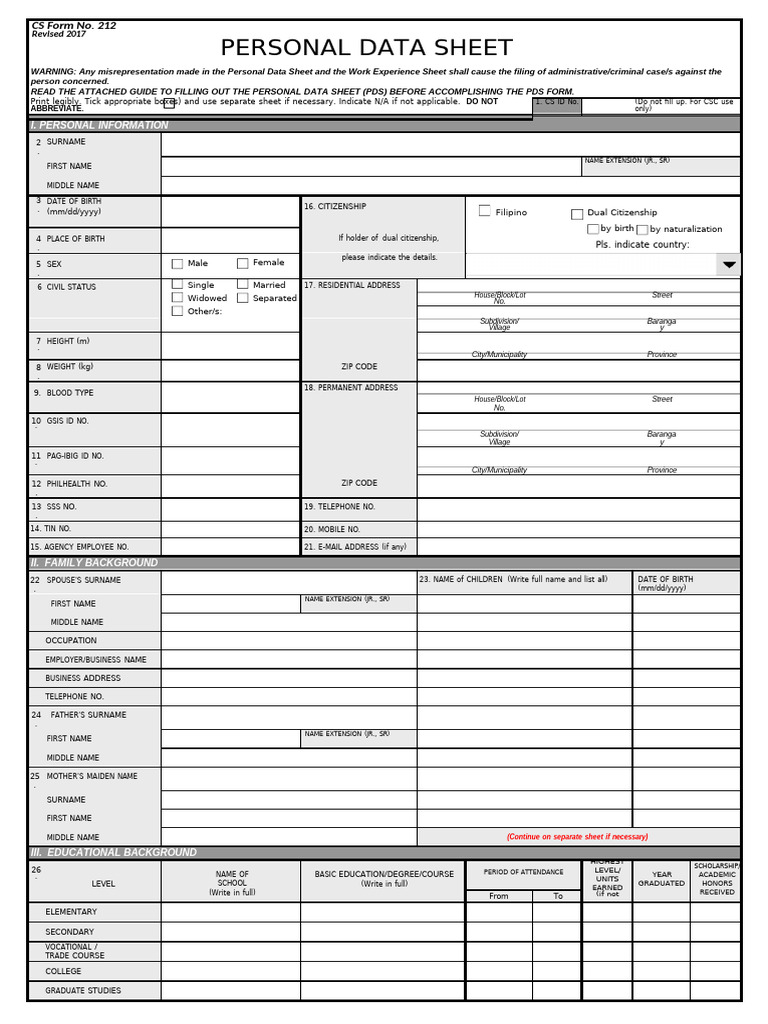 Personal Data Sheet CS Form No. 212 Revised 2017 2 | PDF