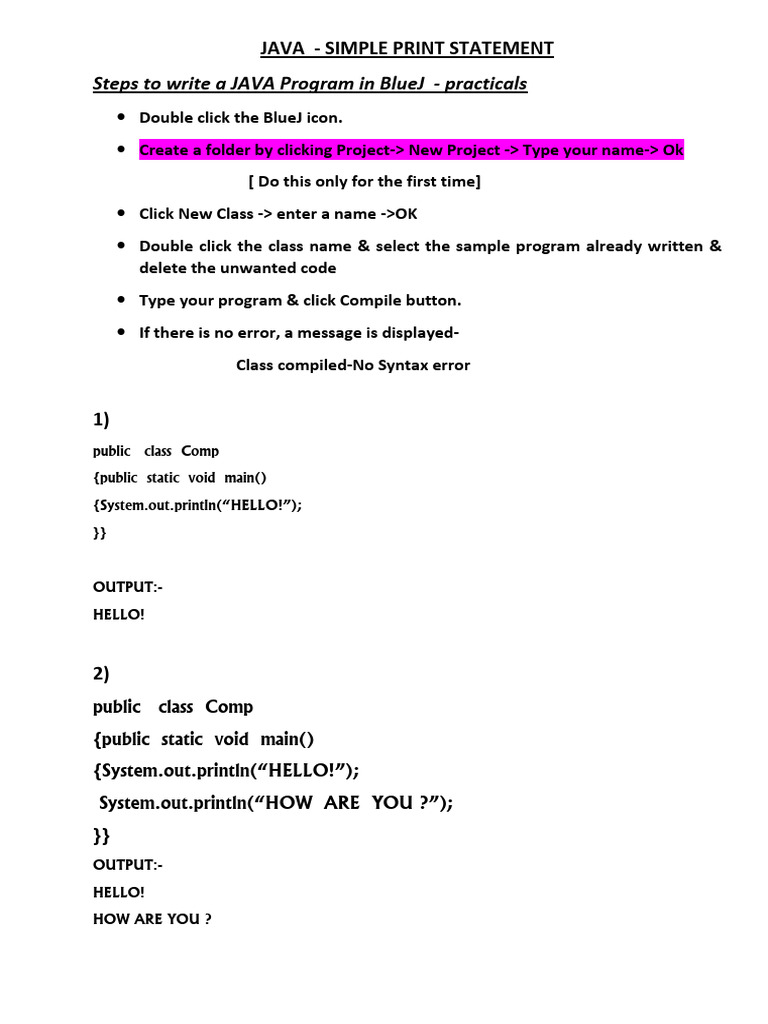 Java Print Statement Tutorial in BlueJ | PDF