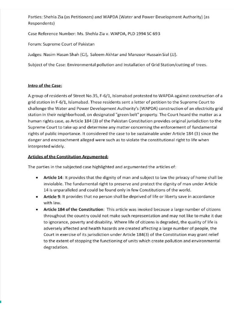 Ms. Shehla Zia v. WAPDA, PLD 1994 SC 693 - ESCR-Net | PDF