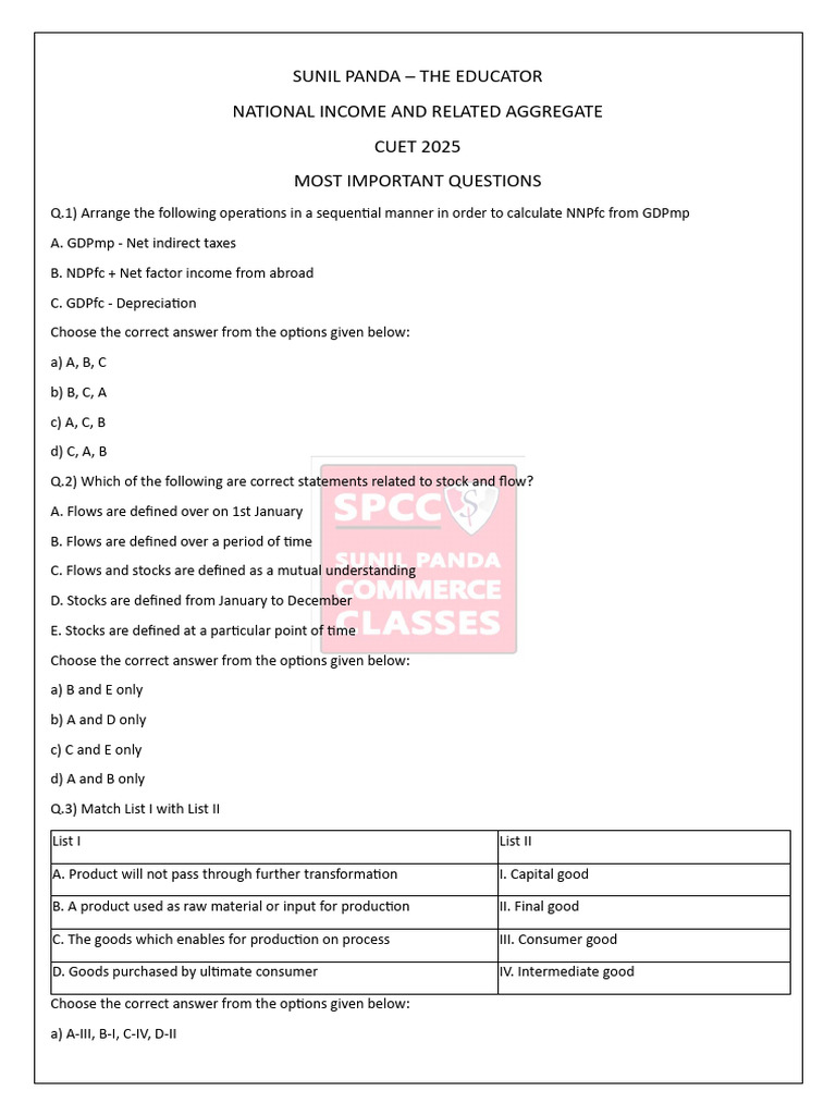 National income and related aggregates mcq cuet questions 1 pdf