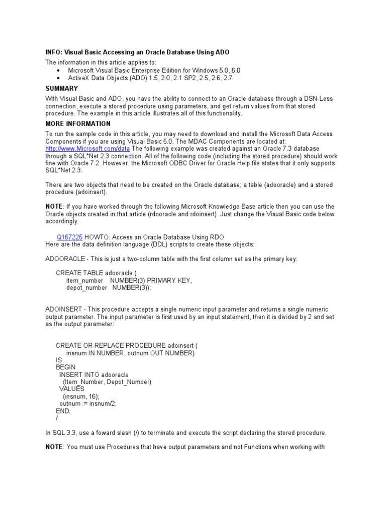 Access Oracle DB with VB and ADO | PDF | Oracle Database | Parameter ...