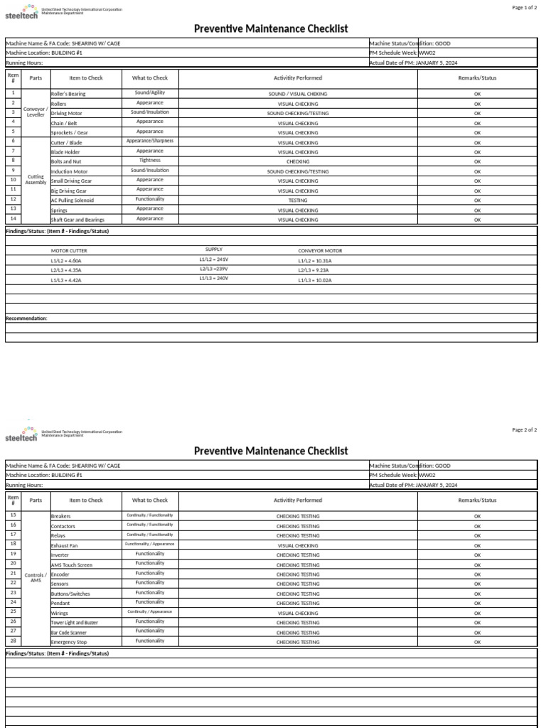 PM Checklist WW02 - Shearing With Cage B1 | PDF