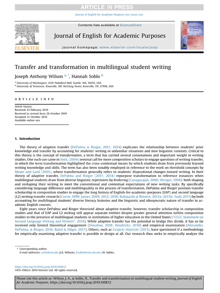 Transfer and Transformation in Multilingual Student Writing | PDF ...