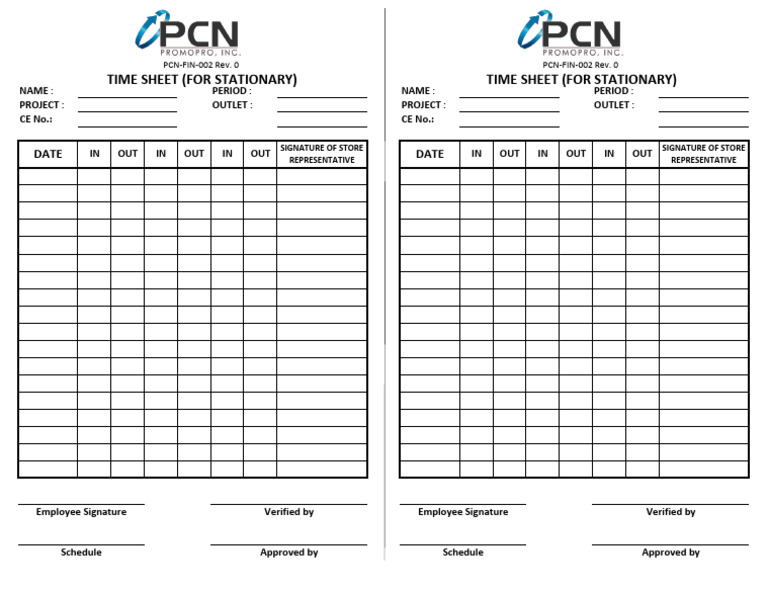 PCN FIN 002 Rev. 0 Time Sheet For Stationary Form | PDF