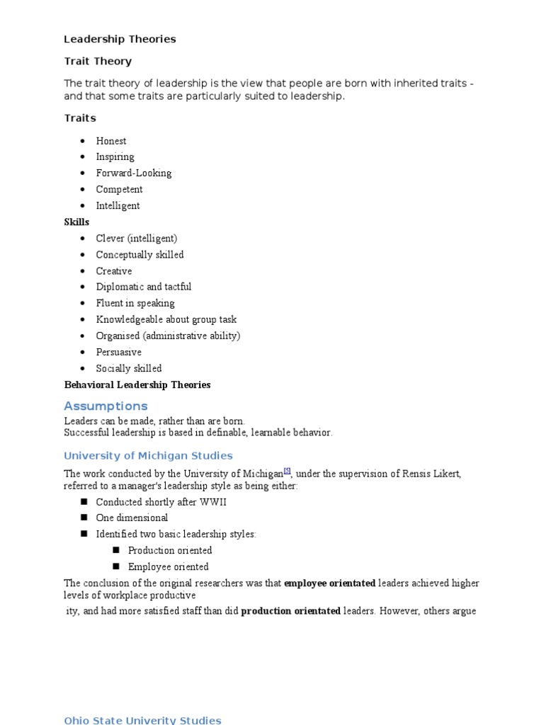 Leadership Theories Pdf Industrial And Organizational Psychology