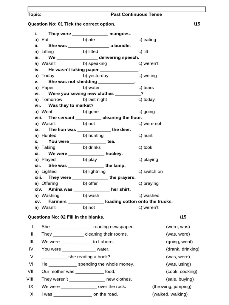 Class 4 Grammar Test Pdf