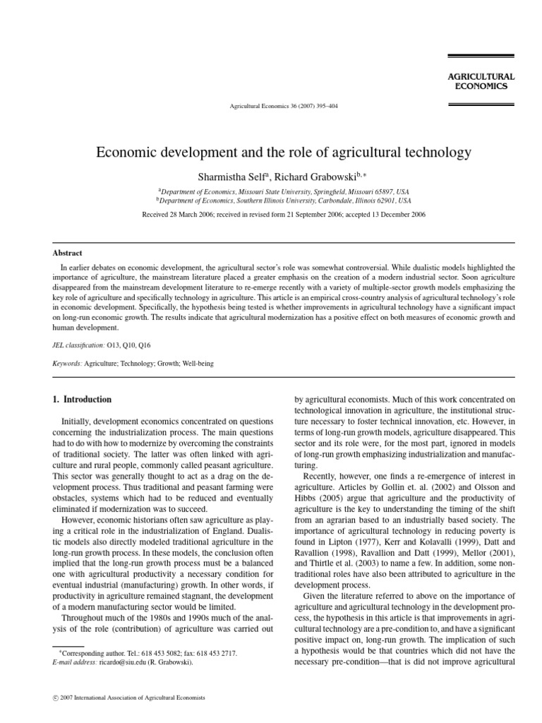 Economic Development and The Role of Agricultural Technology | PDF