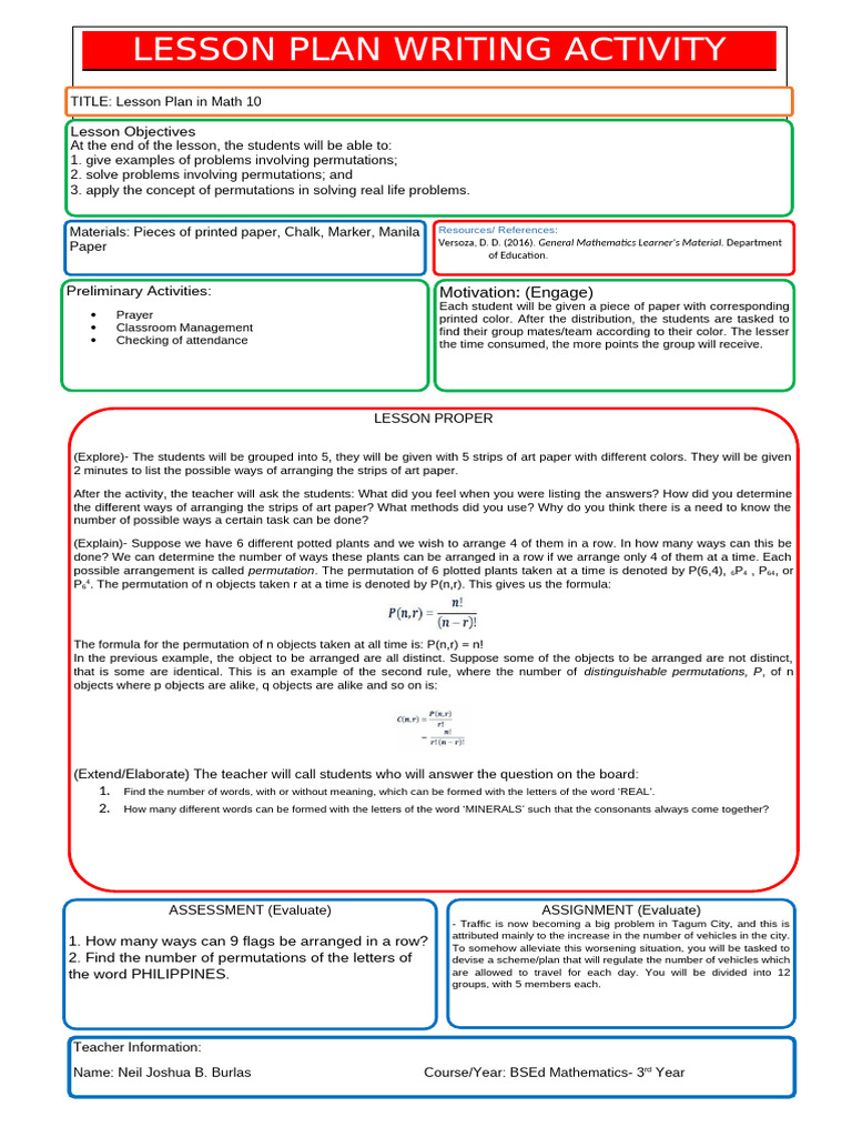 Lesson Plan Writing Activity | PDF