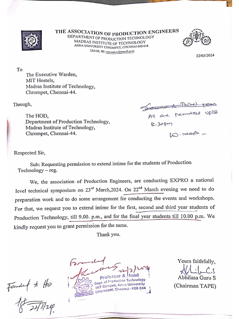 Hostel Intime Permission Letter | PDF