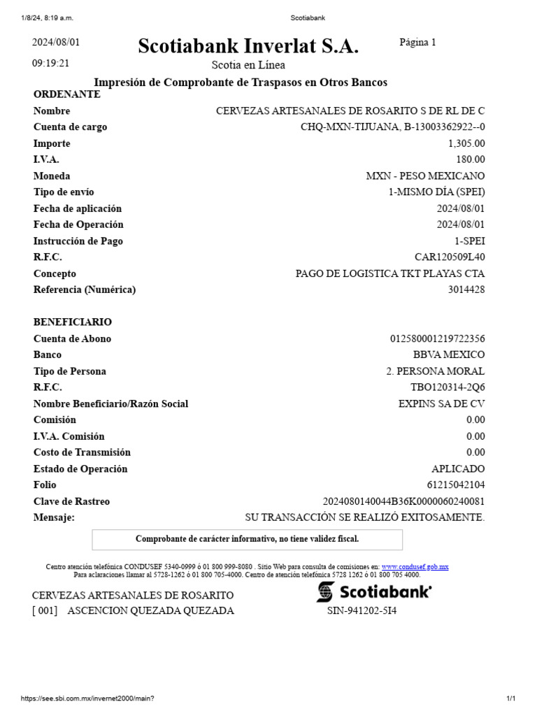 Transfer A Expins SA de CV Pago de Servicio de Logistica Playas Cta ...
