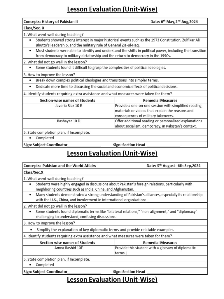Lesson Evaluation Class X Pak Studies-1 | PDF