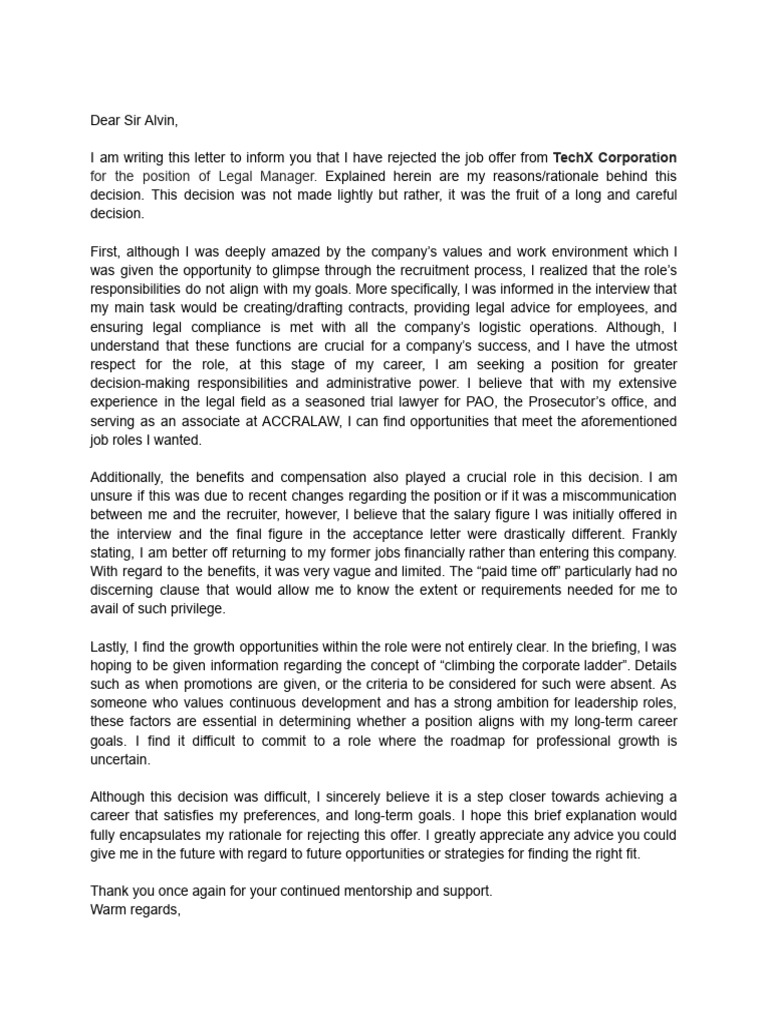 Job Offer Rejection Explanation | PDF | Social Psychology | Business