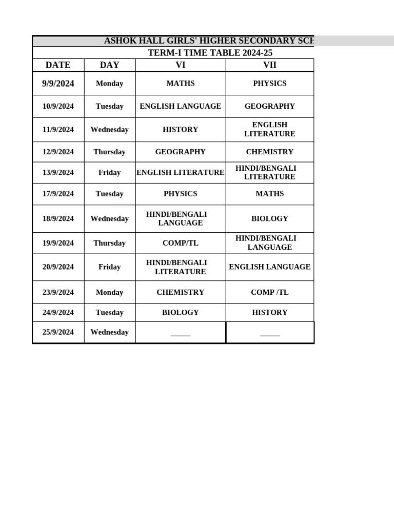 Term I Examination Time Table 2024-25 | PDF