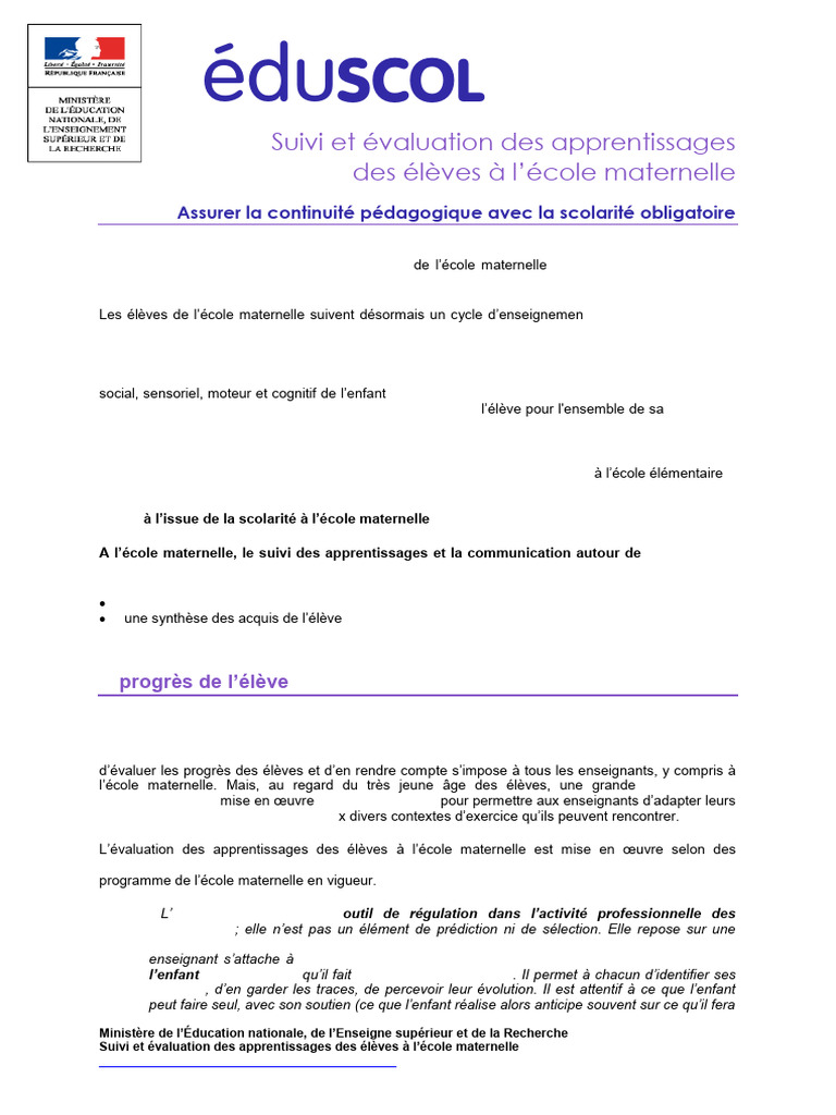Note Accomp Eval Bienv Suivi Evaluation Maternelle 527483 | PDF