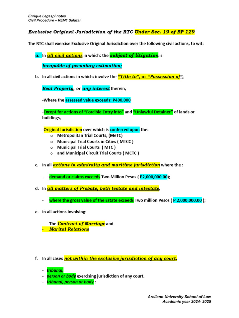 Exclusive Original Jurisdiction of The RTC | PDF | Jurisdiction | Law