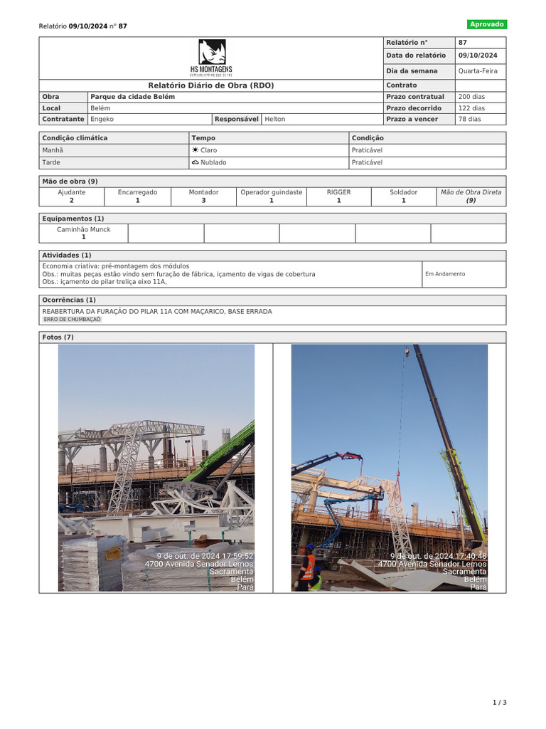 Relatório Diário de Obra (RDO) N° 87 - 09-10-2024 | PDF