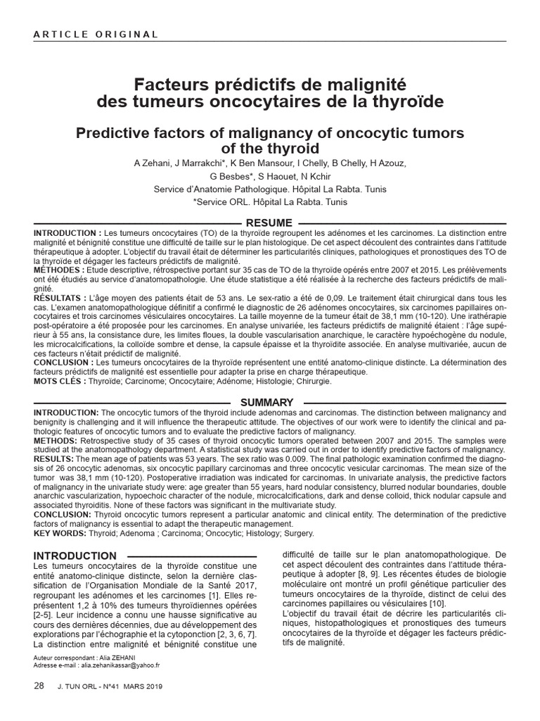 Facteurs Prédictifs de Malignité Des Tumeurs Oncocytaires de La ...