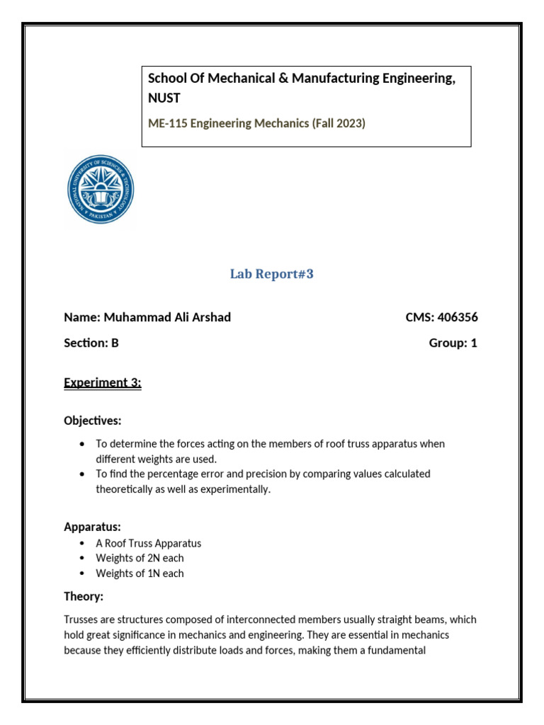 Engineering Mechanics Lab Report 3 Ali | PDF