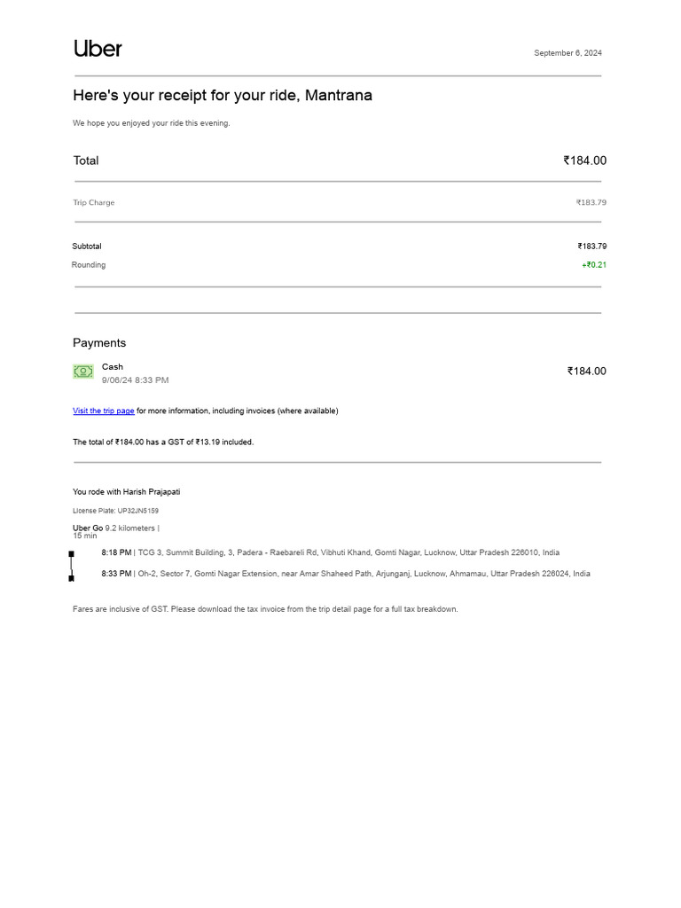 Here's Your Receipt For Your Ride, Mantrana: Total 184.00 | PDF