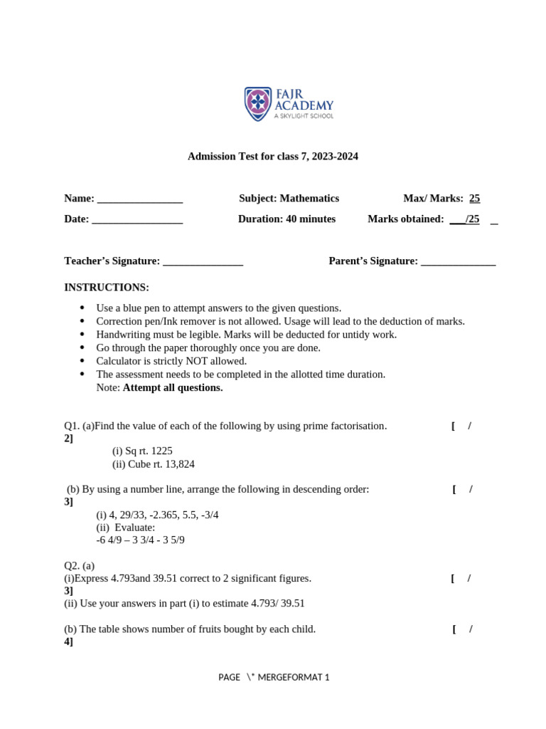 Math Class 7 Adm Test | PDF
